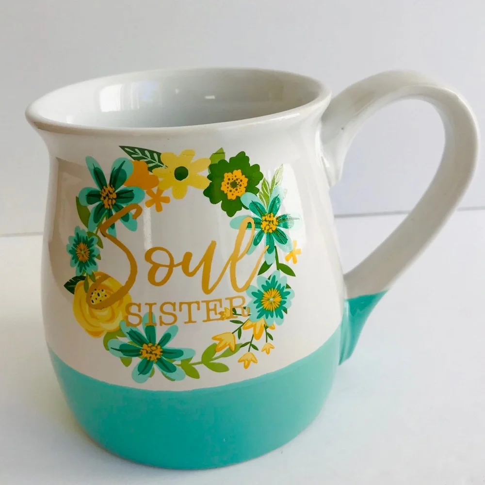 Boston Warehouse Soul Sister Belly Mug Floral Blue Green Cream Flowers Turquoise